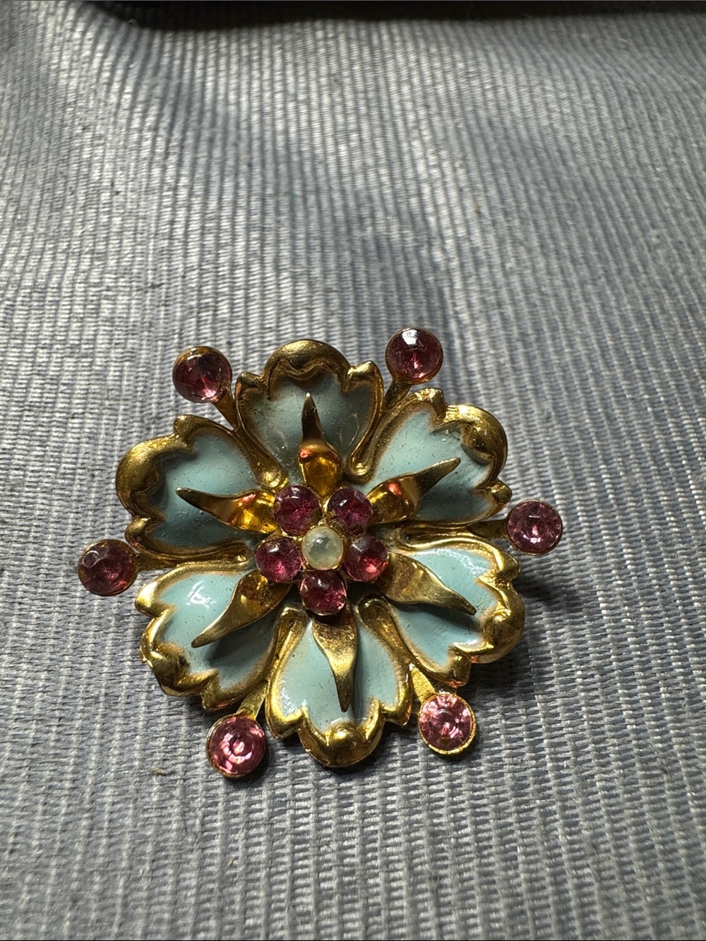 Source Unknown Gold-Tone Floral Brooch with Light Blue Enamel and Pink Stones